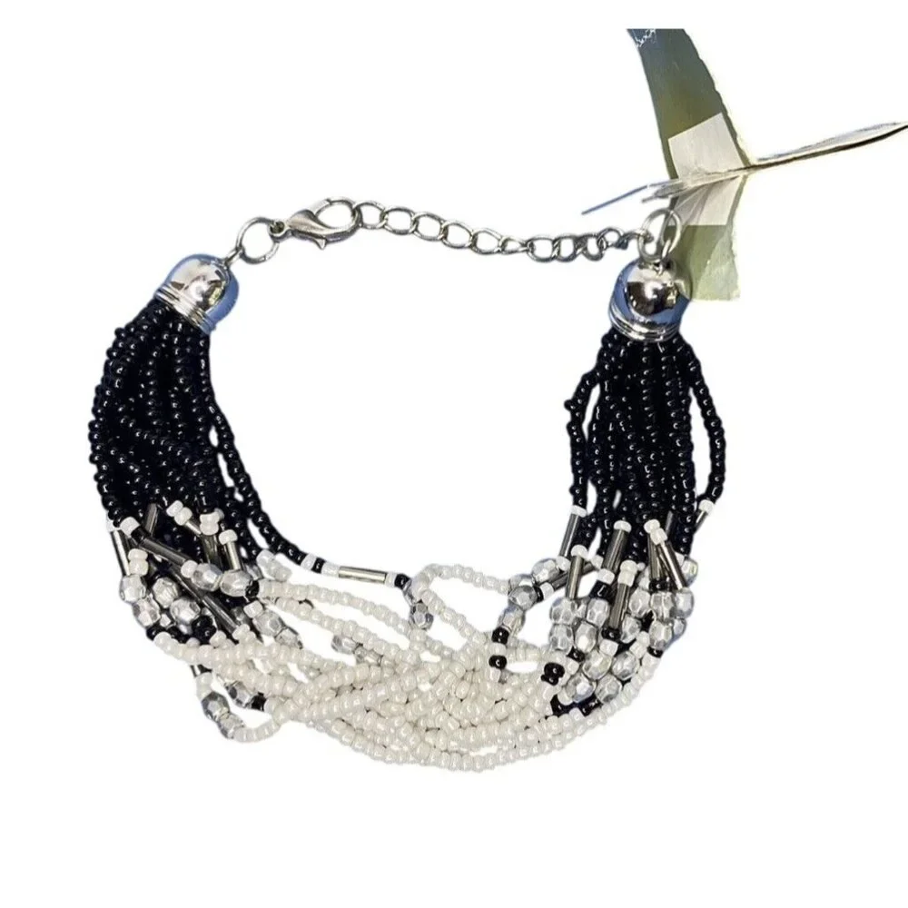 Glass Bead BRACELET Braided Seed Bead Chunky Southwesten Jewelry Black & White - Picture 1 of 5